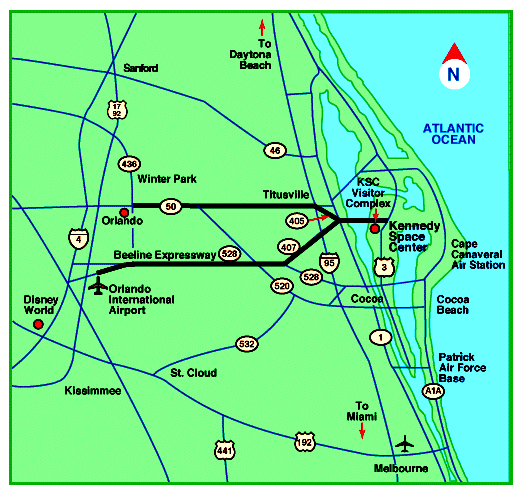 Map From Orlando International Airport to Kennedy Space Center